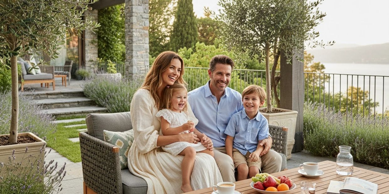 A happy family of four sitting outdoors on a patio, smiling together.