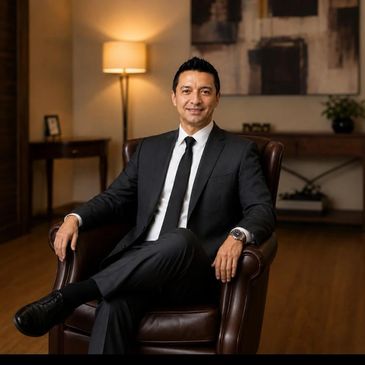 Confident man in a black suit sits on a leather chair in a warmly lit room.