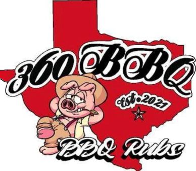 Logo for 360 BBQ with a pig and Texas outline.