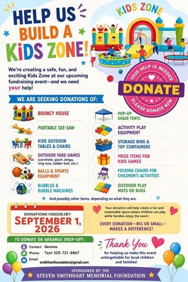 Fundraising flyer for a kids zone with donation items and contact info.