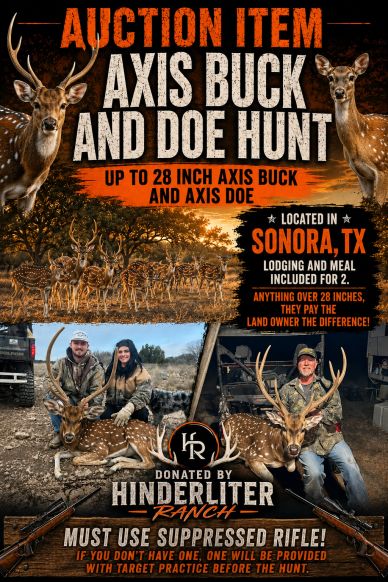 Auction for axis buck and doe hunt in Sonora, TX with lodging and meals.