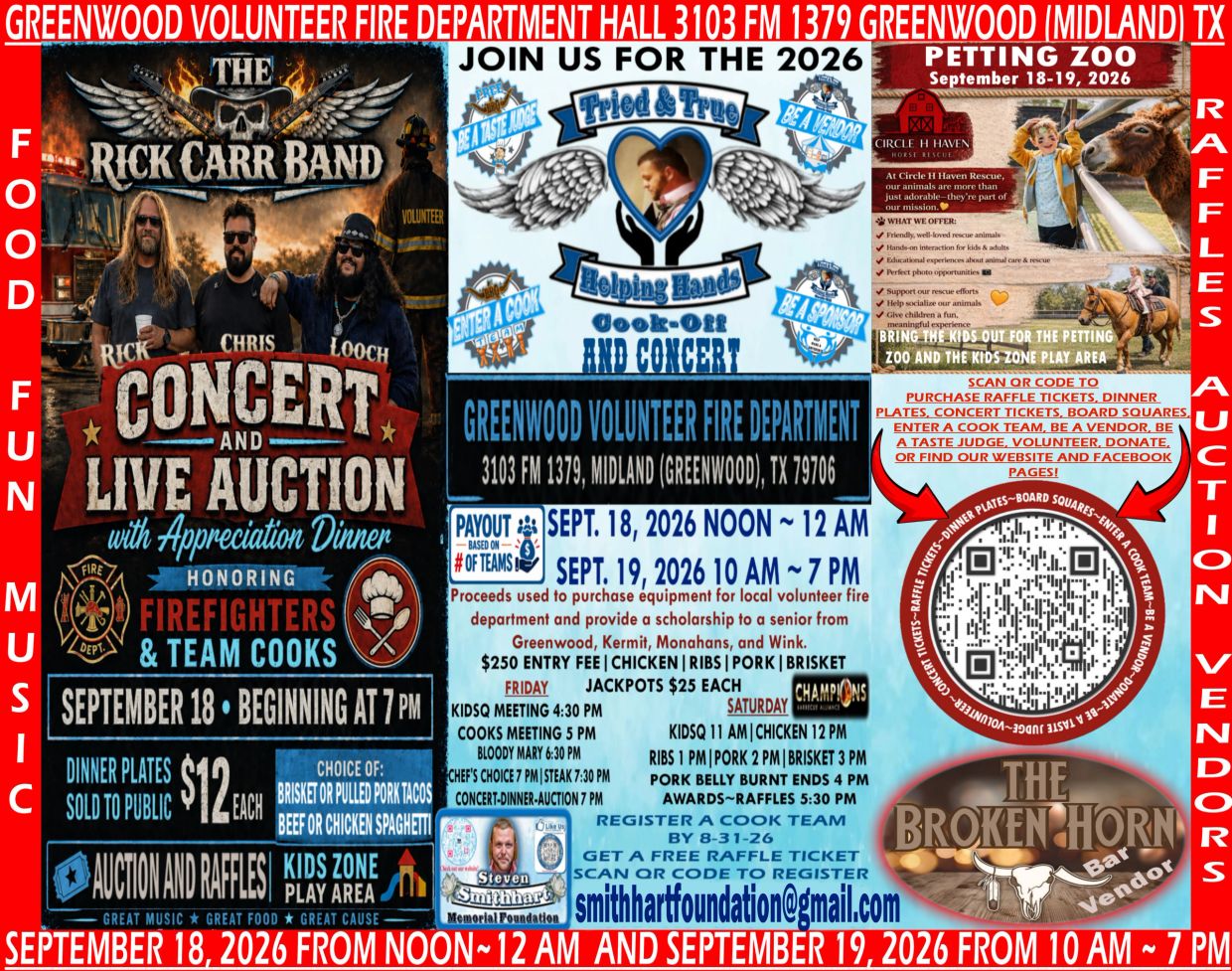Event flyer for Greenwood Volunteer Fire Department fundraising with concert, cook-off, and petting zoo in September 2026.
