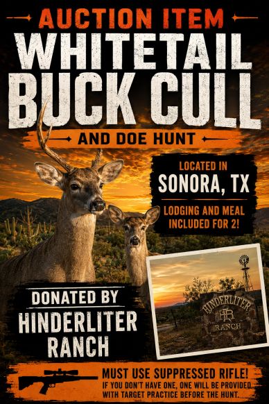 Auction for whitetail buck cull and doe hunt in Sonora, TX, with lodging and meals included.