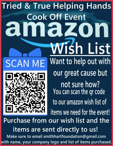 Amazon wish list for Tried & True Helping Hands Cook Off Event with QR code.
