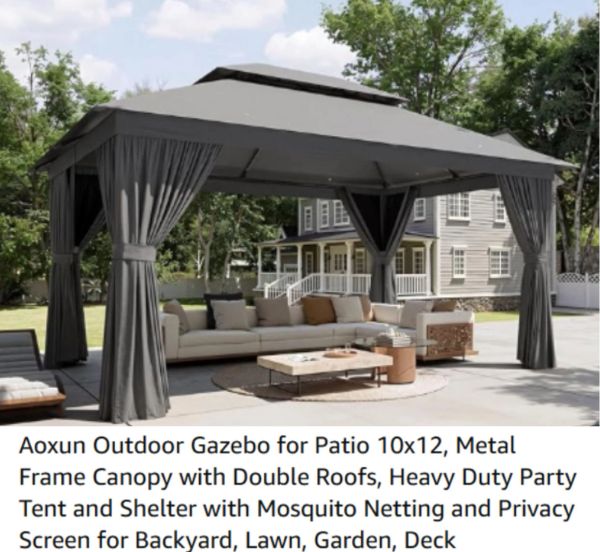 Outdoor metal frame gazebo with double roofs and curtains.