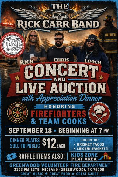 Concert and live auction honoring firefighters and team cooks.
