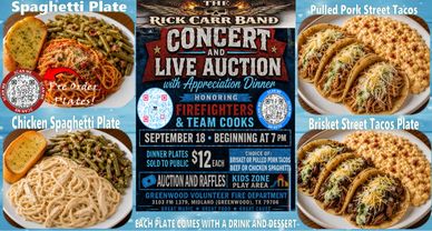 Flyer for Rick Carr Band concert with dinner options and auction.