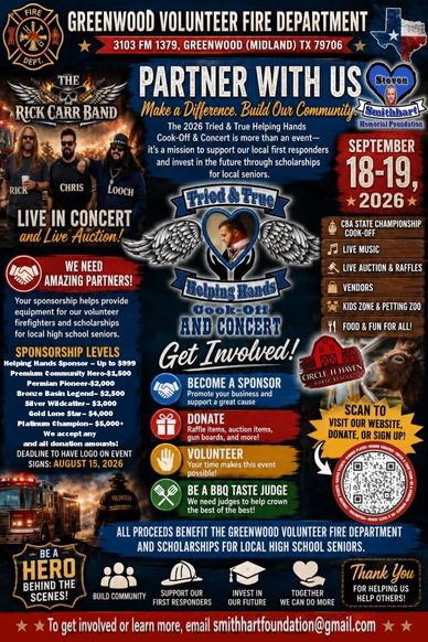Greenwood Volunteer Fire Department fundraiser with concert, auction, and sponsorship opportunities.