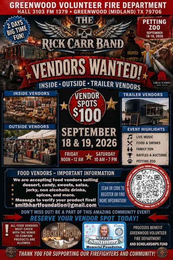 Flyer seeking vendors for Greenwood Volunteer Fire Department event in September 2026.