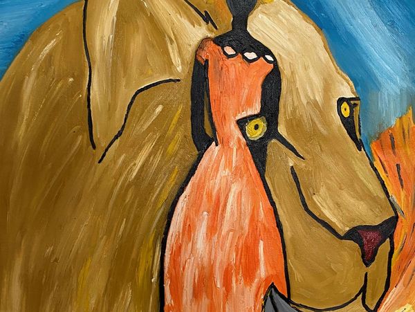 an abstract painting of a woman and a lion