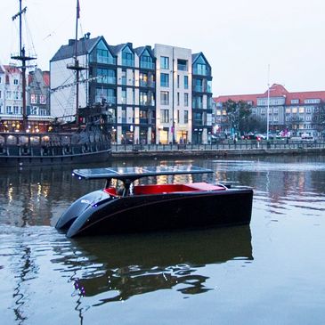 Black solar electric boat SOLLINER  I was lucky to see it for the first time in 2015