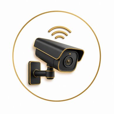 Stylish black and gold wireless security camera illustration.