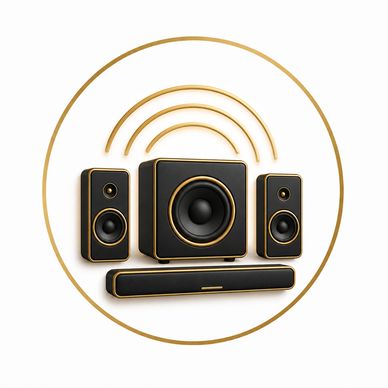 Black and gold wireless speaker system icon.