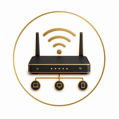Stylized gold and black wireless router icon with connected devices.
