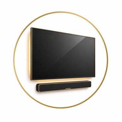 Sleek black wall-mounted TV with matching soundbar and gold accents.