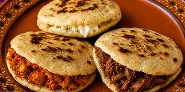 Three stuffed arepas on a plate.