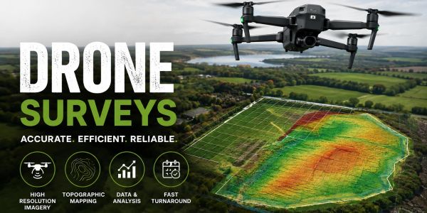 Drone conducting aerial survey with topographic mapping overlay.