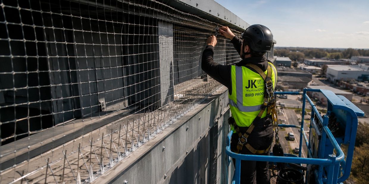Worker installs bird proofing net on a building ledge.