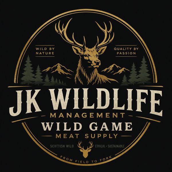 Logo of JK Wildlife with a deer and mountains.