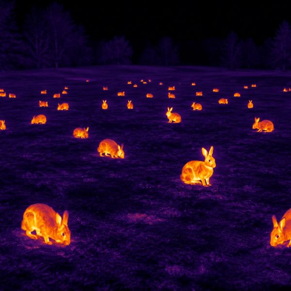 Thermal image of rabbits in a field at night.