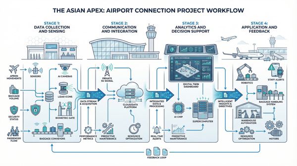 Workflow diagram of the Asian Apex airport connection project stages and data flow.