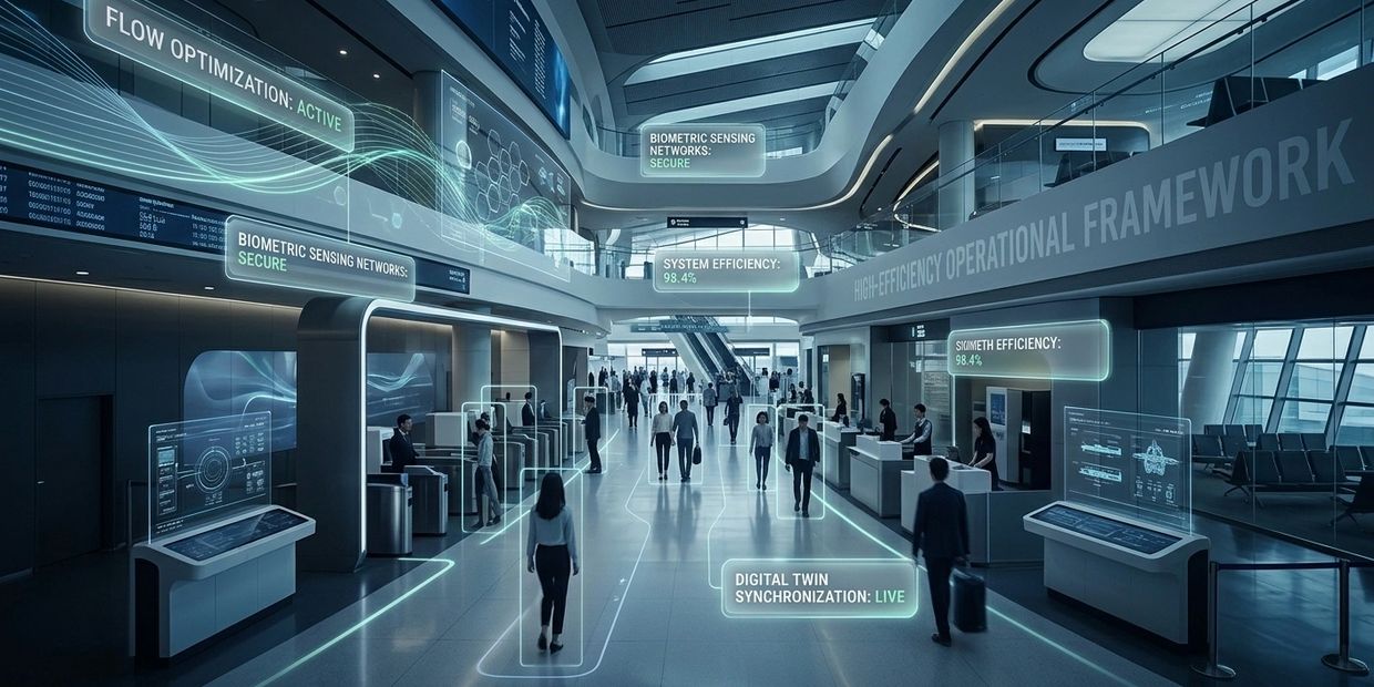 Futuristic airport terminal with digital overlays showing biometric security and system efficiency.