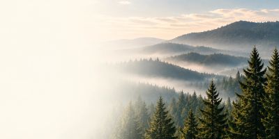 Misty forested mountain landscape at sunrise.