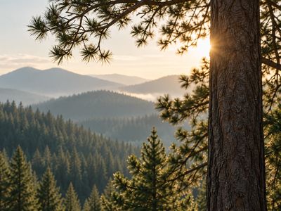 Sunlight through pine branches above a forested valley.