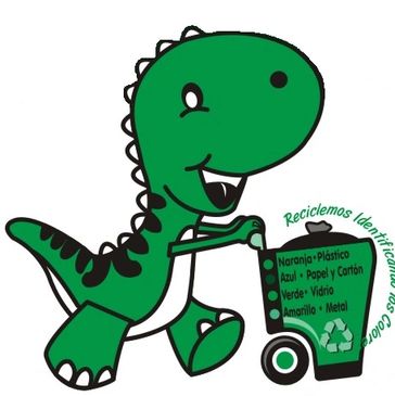 Dinosaurio verde reciclando con un contenedor.