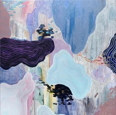 Abstract painting with flowing shapes in pastel and dark tones.