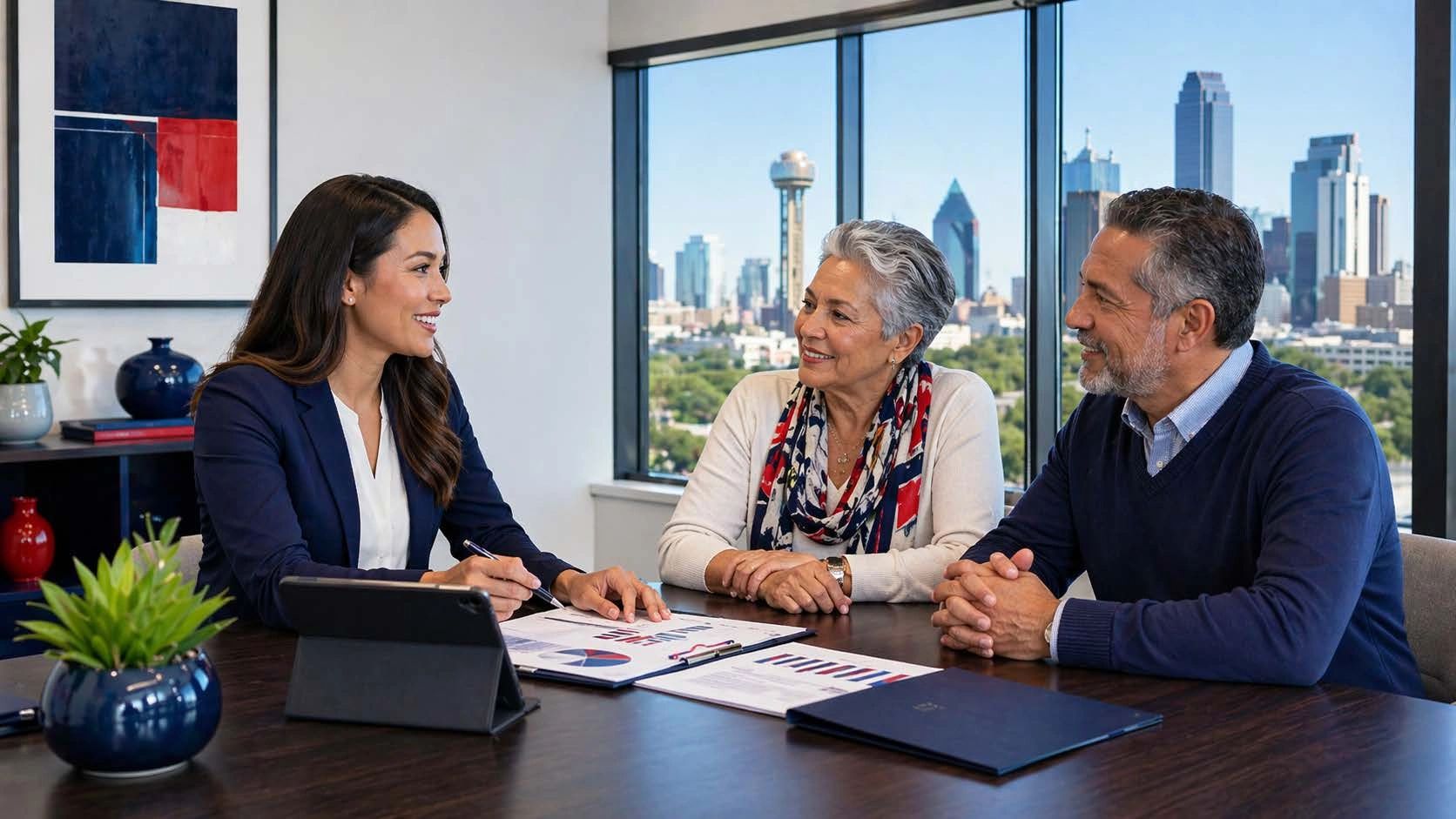 Financial advisor discussing investment plans with a senior couple in a modern office.