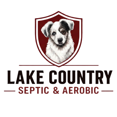 Logo featuring a puppy in a red shield for Lake Country Septic & Aerobic.
