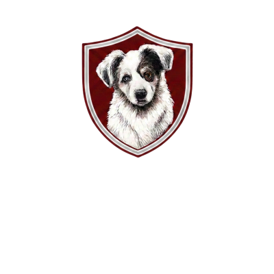 Illustration of a dog on a red shield background.