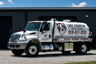 White septic service truck with Lake Country branding and dog logo.