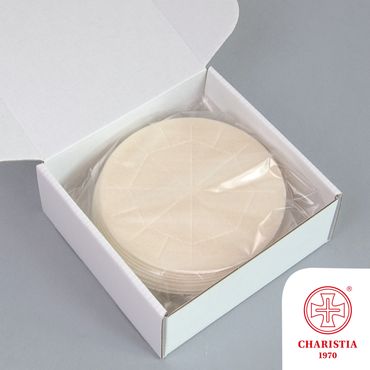 A box containing round, beige wafers wrapped in plastic.