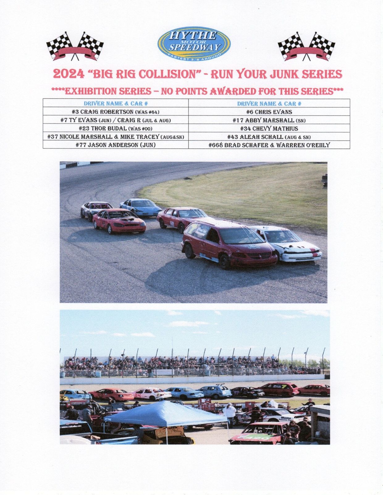 2024 Big Rig Collision exhibition race at Hythe Motor Speedway with multiple cars on track and crowd in stands.