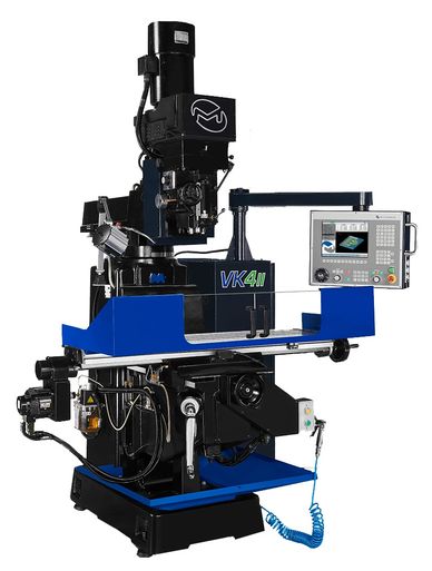 Industrial CNC milling machine with control panel and blue accents.