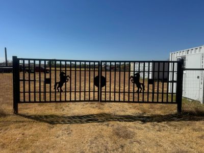 Locked entry gate at the Ultra Safe Storage truck parking yard in Ponder, Texas