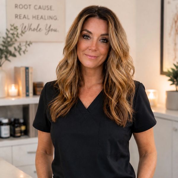 Smiling woman with long wavy hair in black scrubs.
