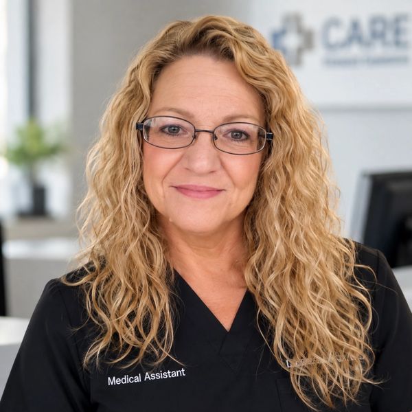 Smiling female medical assistant with curly blonde hair and glasses.
