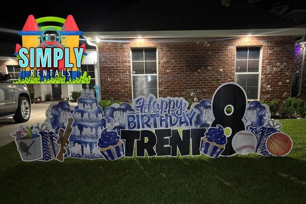 Outdoor birthday sign with cake and sports theme for Trent's 8th birthday.