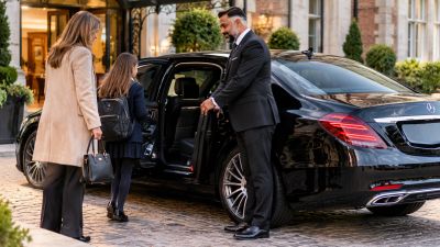 Professional chauffeur assisting a child into a luxury black Mercedes-Benz for a chaperone journey