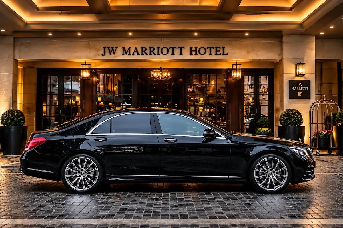 Black Mercedes-Benz S-Class executive chauffeur car parked outside the JW Marriott Hotel entrance.