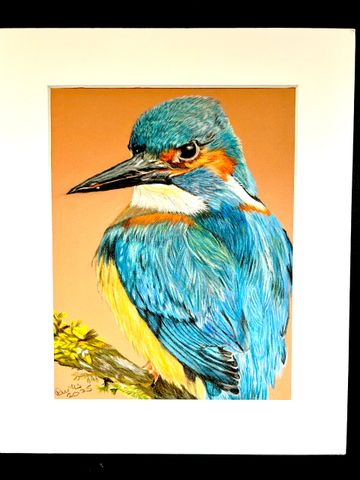 Vibrant painting of a kingfisher perched on a branch.