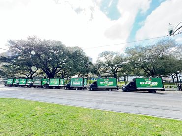 A row of trucks with green advertisements parked along a street under large trees.