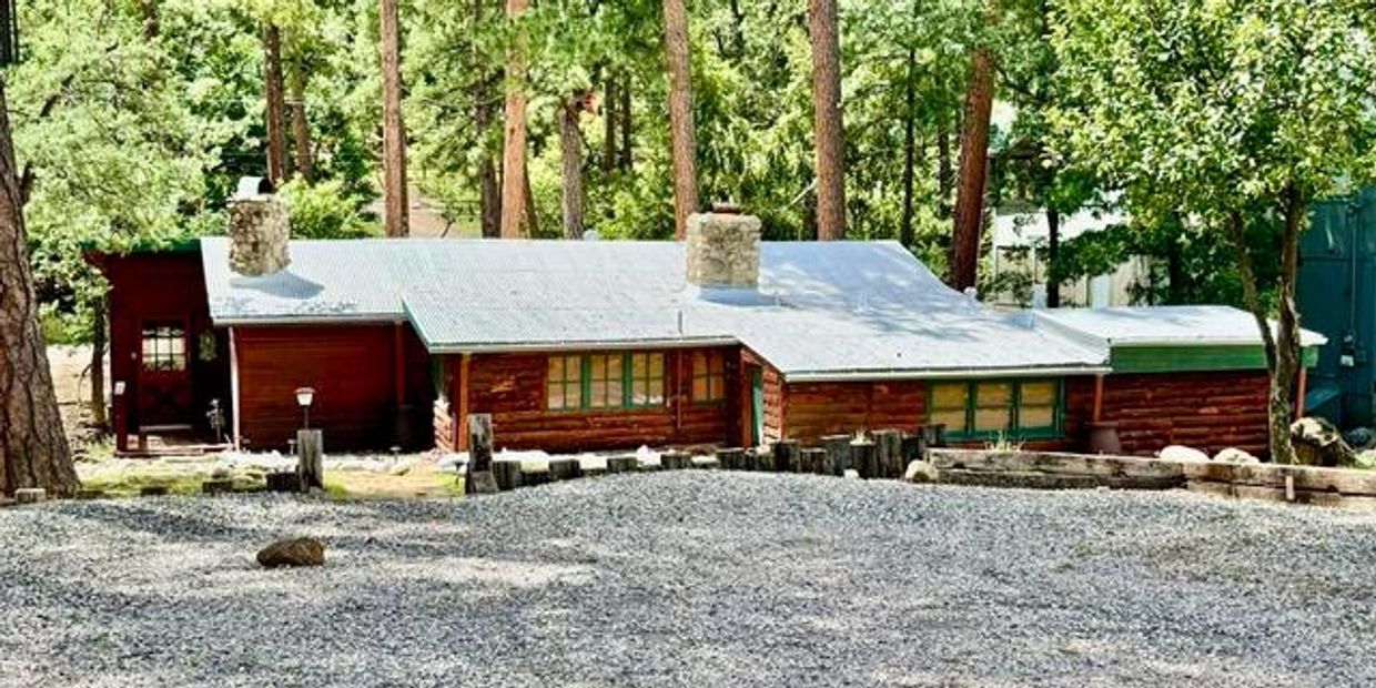 Rustic cabin surrounded by trees.