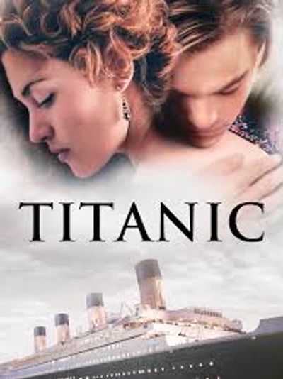 Romantic movie poster of Titanic with close-up of lovers and the ship.