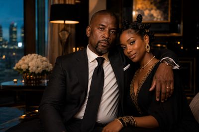 Elegant couple dressed formally in a luxurious setting, posing closely.