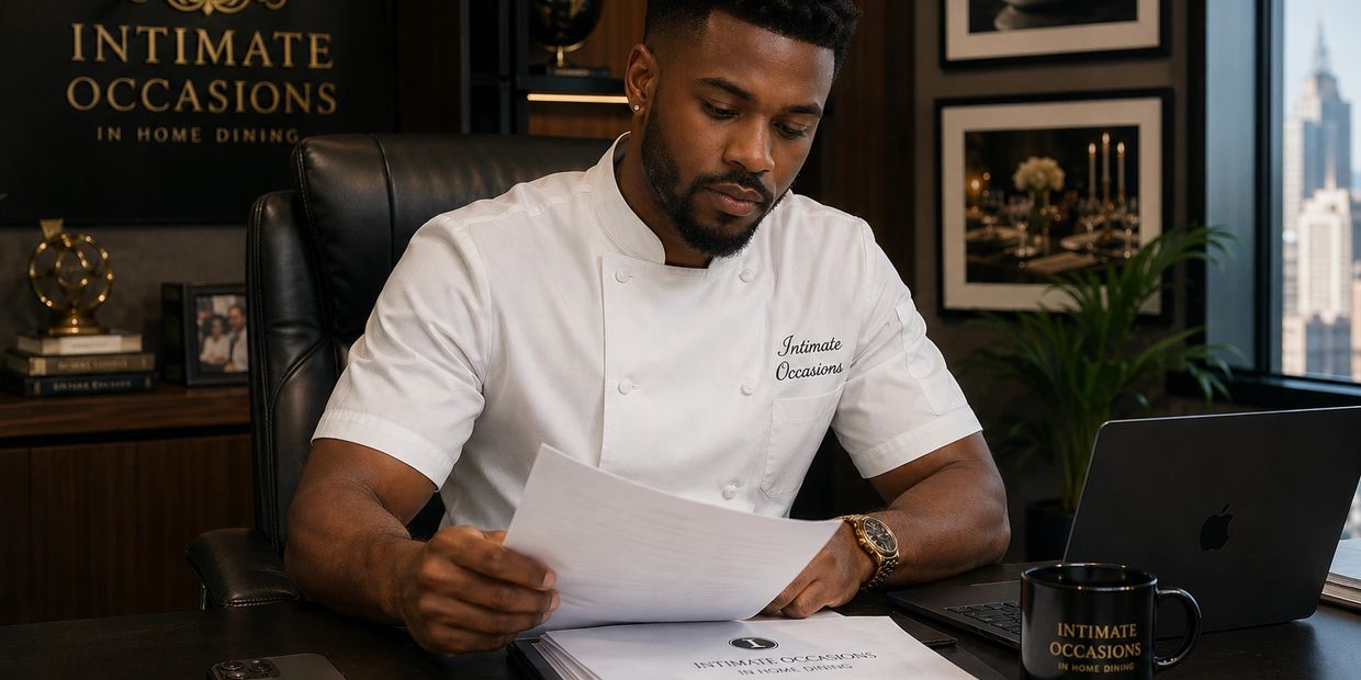 Chef reviewing documents at Intimate Occasions office desk.