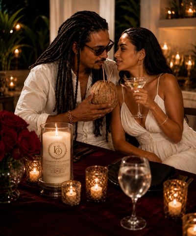 Romantic candlelit dinner with a couple sharing drinks and intimate moments.
